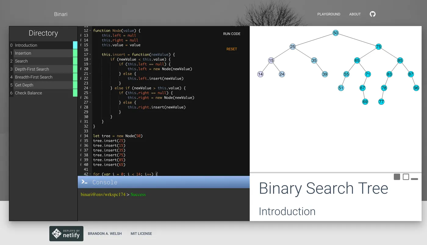 Binari code editor beside a live binary tree